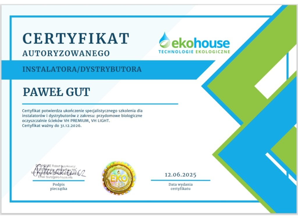 Certyfikat autoryzowanego instalatora/dystrybutora Ekohouse dla Pawła Guta.