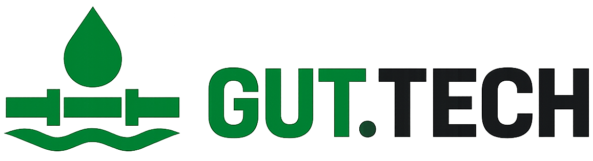 Logo firmy GUT.TECH z kropelką wody i rurą